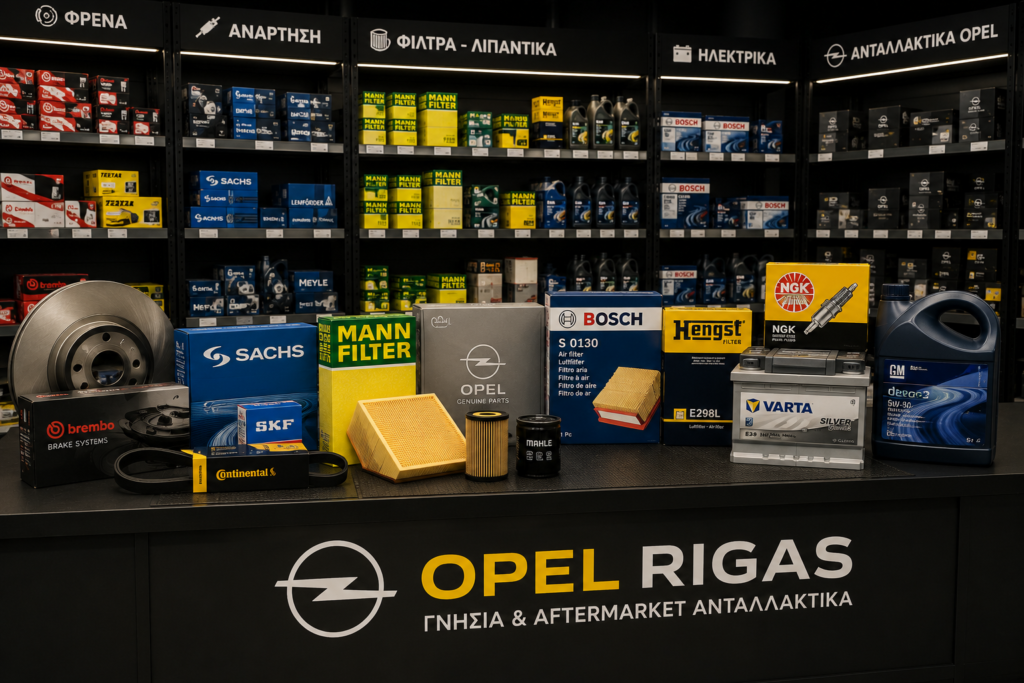 Ράφια με γνήσια και aftermarket ανταλλακτικά Opel στο κατάστημα Opel Rigas.